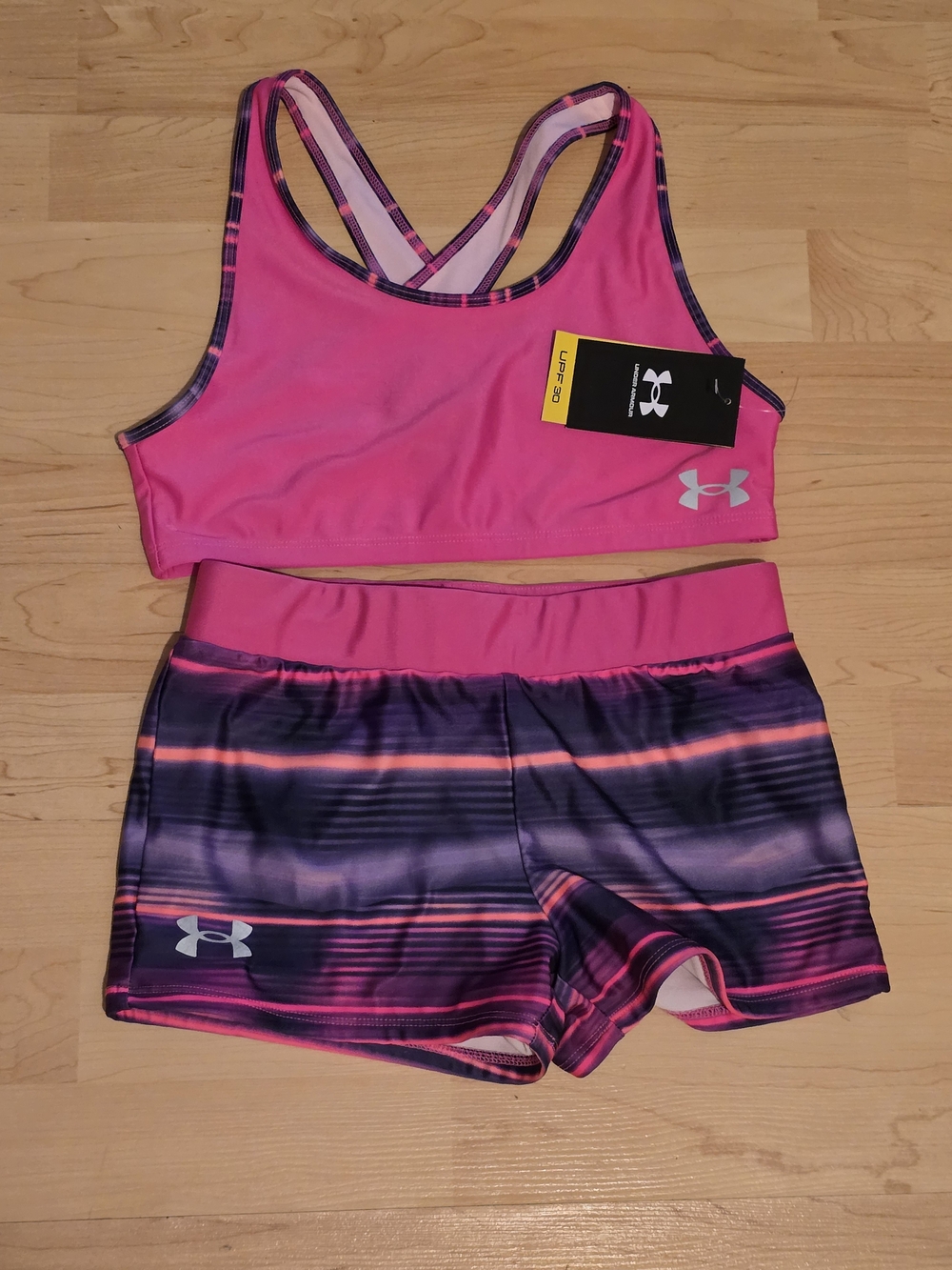 Under Armour Hot Pink Racerback Sports Bra with Striped Purple Shorts